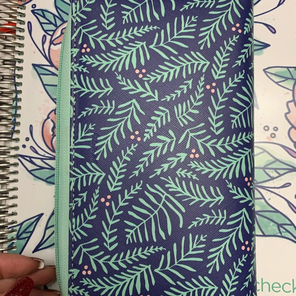 Teal and Navy Leaf-Print Wristlet Wallet